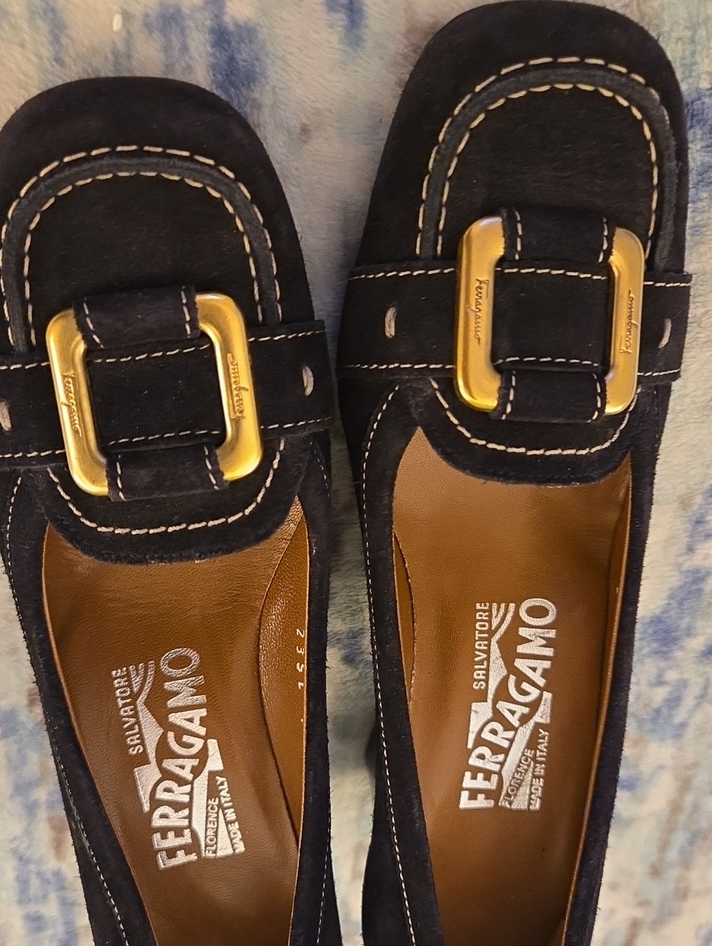 Salvatore Ferragamo Black Suede Loafers with Gold Buckles - Picture 8 of 9